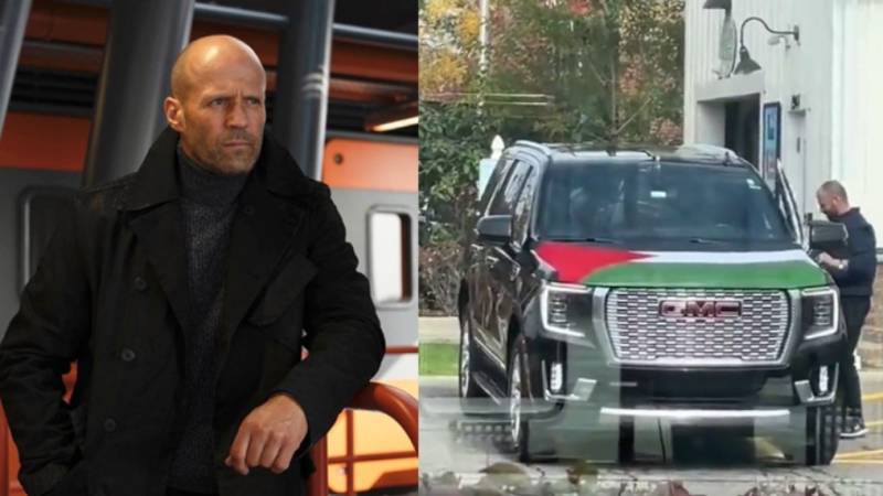 Has Hollywood actor Jason Statham covered his car with the flag of Palestine?